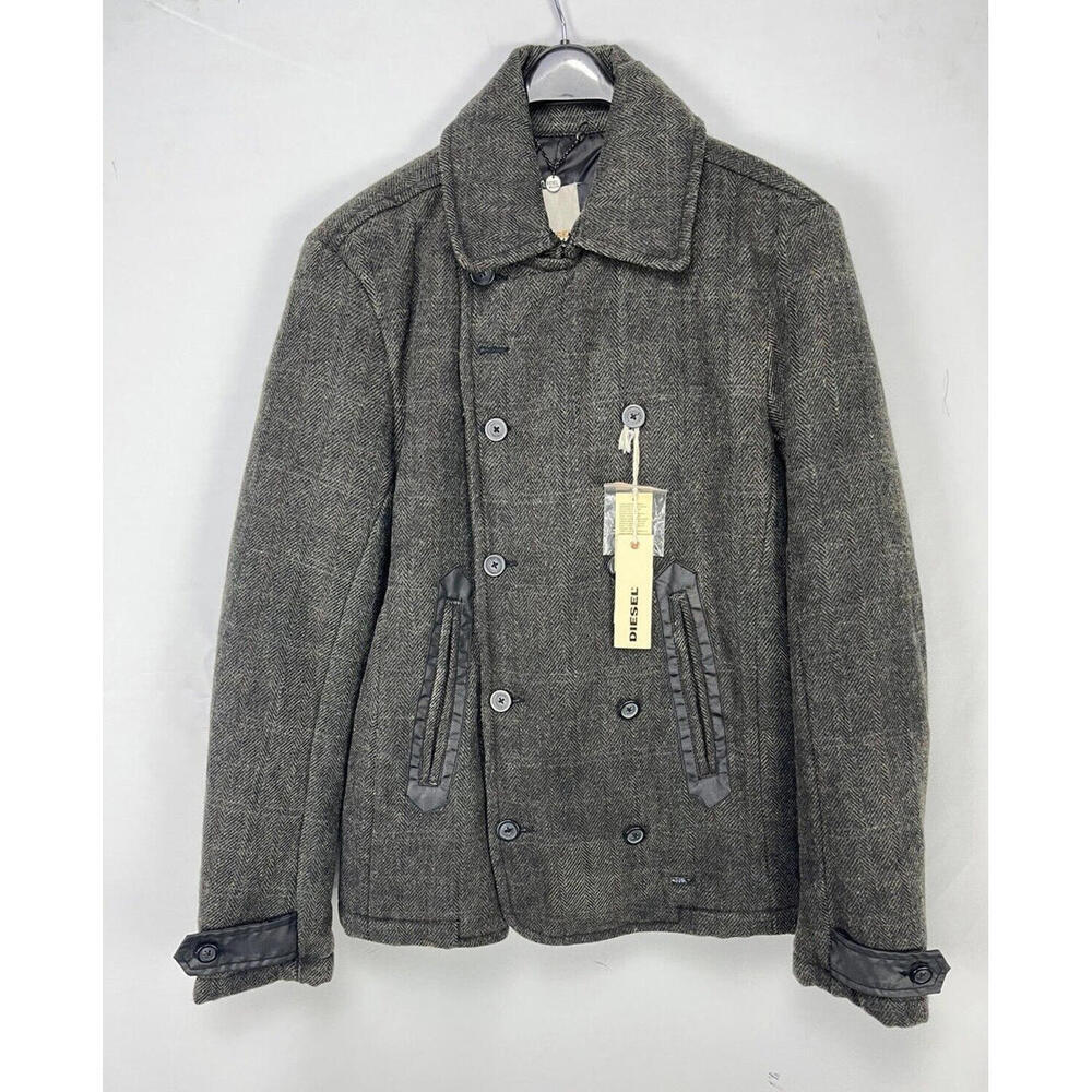 Diesel Warner Wool Knit Herringbone Double-Breasted Pea Coat Grey Size M